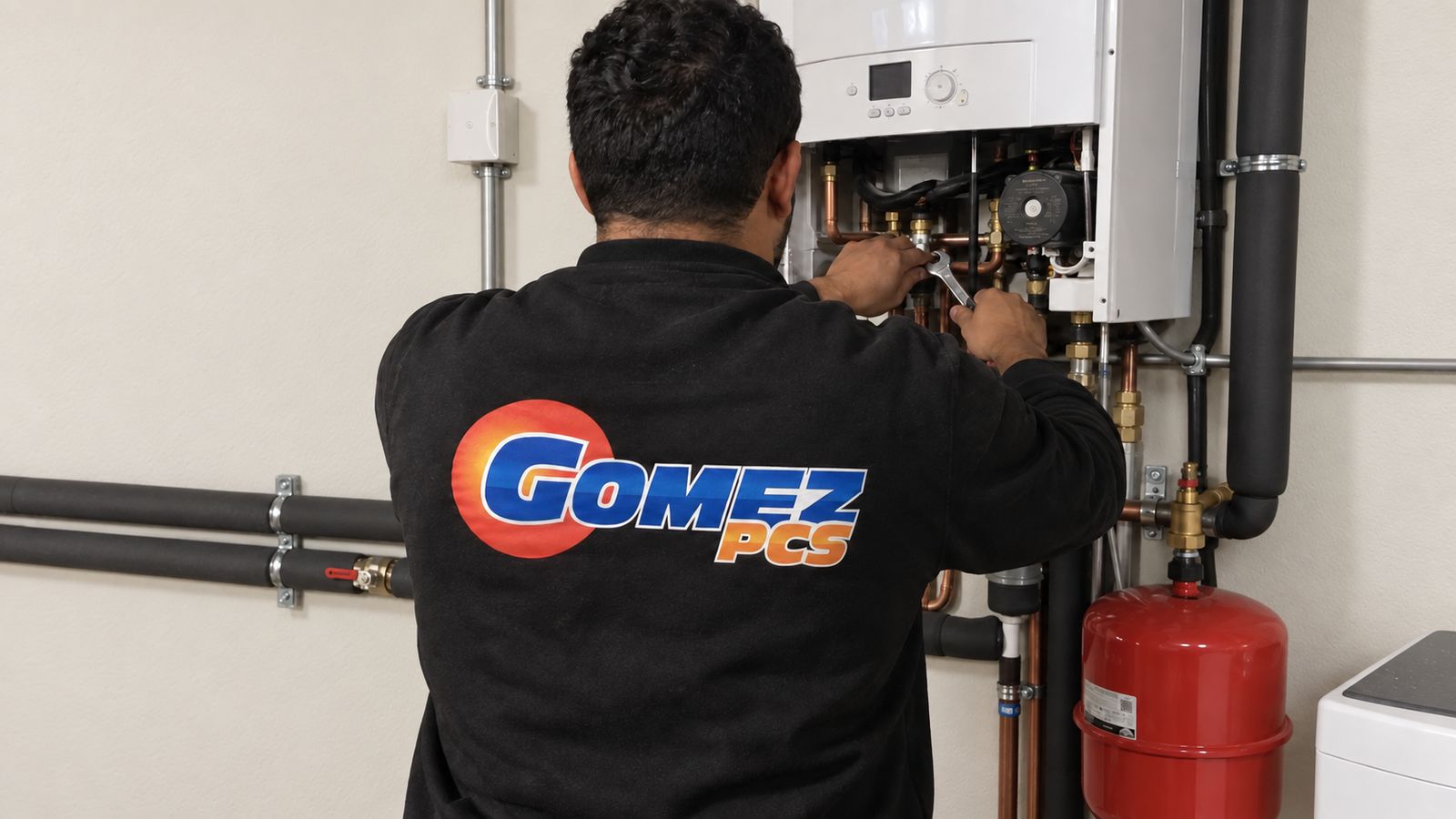 Technicien PCS Gomez en intervention sur une chaudière murale